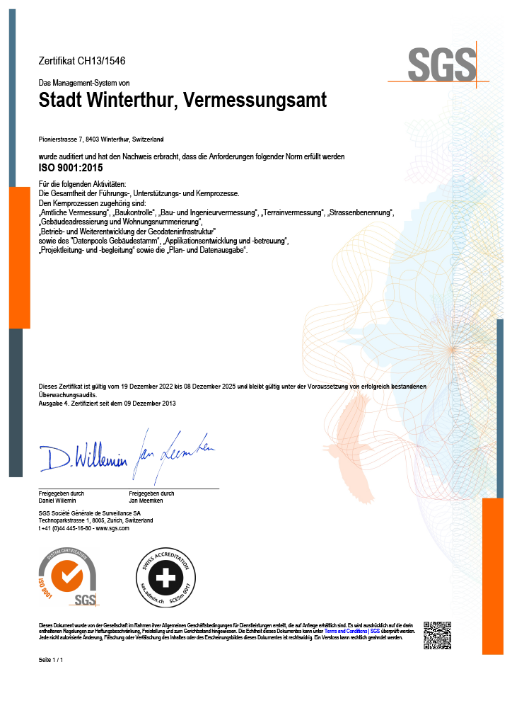 SGS Zertitikat ISO 9001:2015 Vermessungsamt