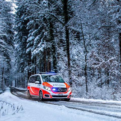 Patrouillenfahrzeug im Schnee. Vergrösserte Ansicht