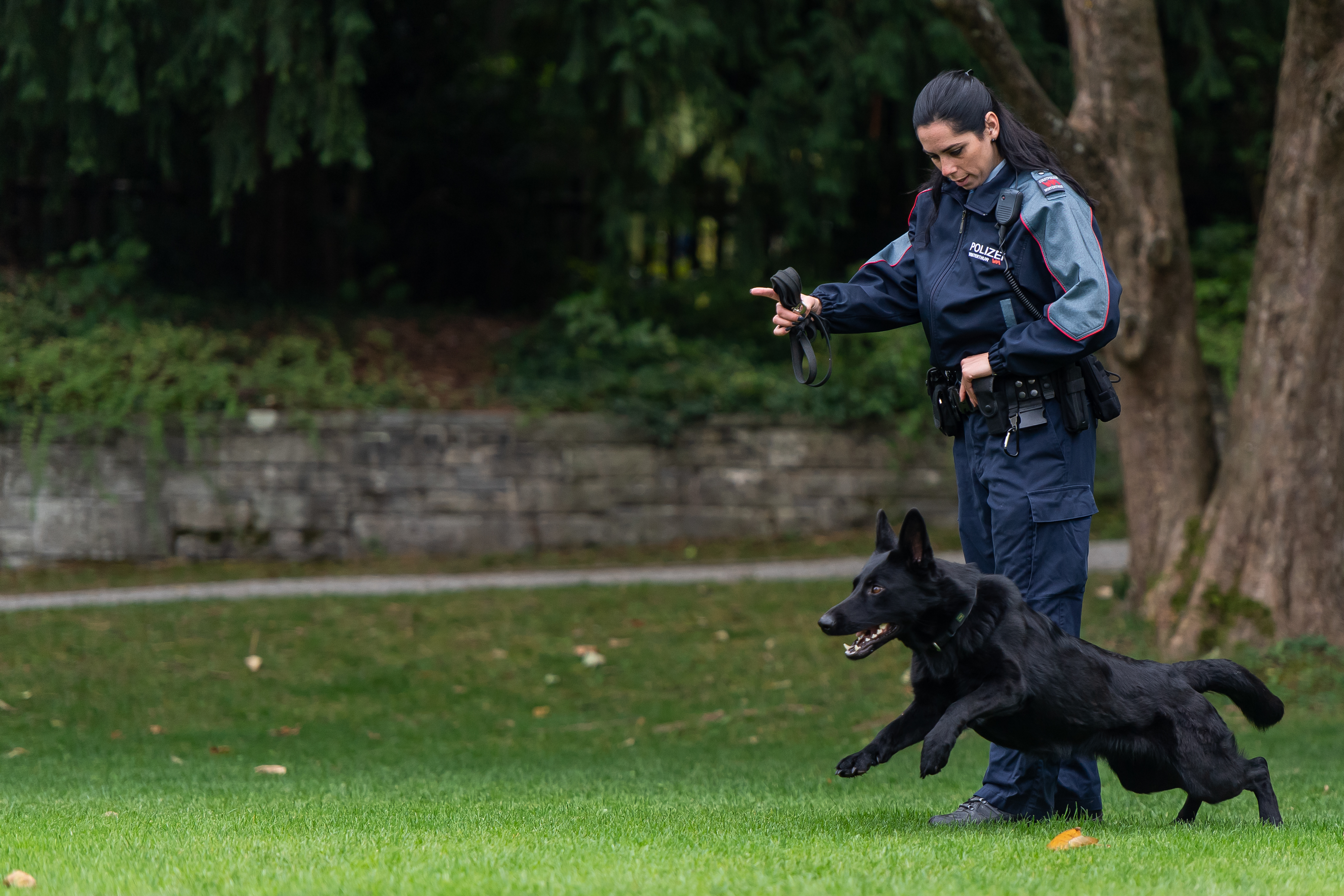 Polizistin mit Polizeihund im Einsatz