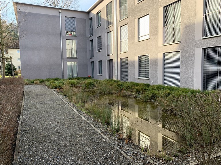 Unversiegelte Wege und Wasser-Rückhalteflächen kühlen das Wohnumfeld. (Foto: Irene Küpfer)