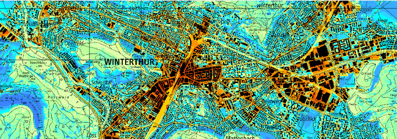 Bild Kartenausschnitt, welche die nächtliche Lufttemperatur in der Stadt Winterthur veranschaulicht