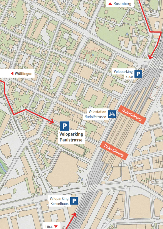 Übersicht zu allen kostenlosen Veloparkings auf der Westseite des Hauptbahnhof Winterthur
